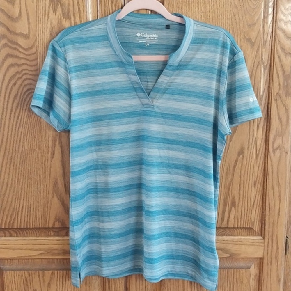 Columbia Women's Short Sleeve Striped V-Notch Tee in Teal and Light Blue